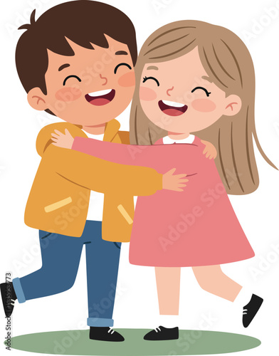 Happy boy and girl hugging each other in joyful playful moment vector illustration 