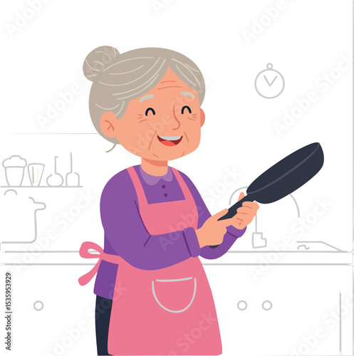 Elderly woman cooking in kitchen holding frying pan with pink apron and purple shirt 