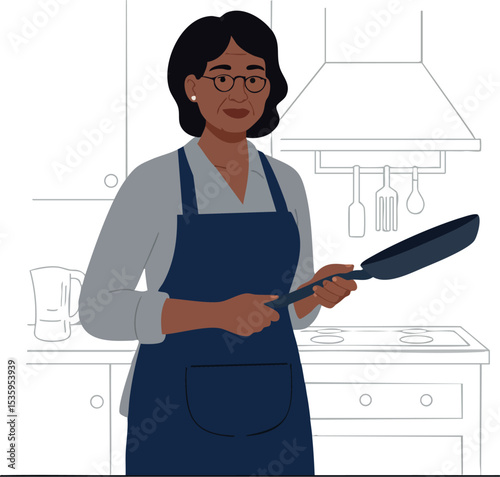 Woman Cooking in Kitchen Holding Frying Pan Wearing Apron and Glasses Illustration