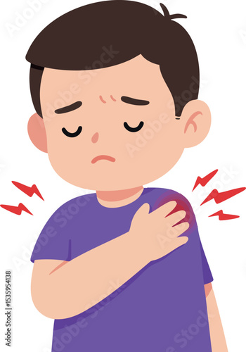 Boy experiencing shoulder pain purple shirt discomfort vector illustration 