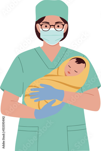 Medical professional holding newborn baby wrapped in yellow blanket vector illustration 