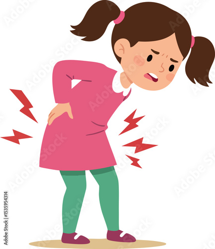 Little girl with back pain and discomfort in pink dress and green leggings vector illustration 