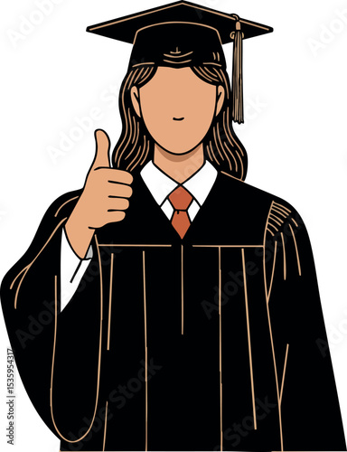 Female graduate wearing cap and gown showing thumbs up gesture vector illustration 