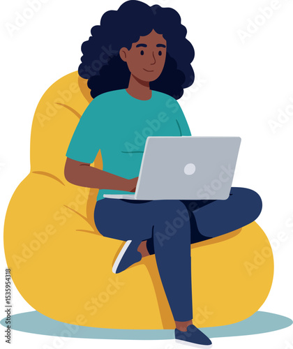 Woman Sitting on Yellow Bean Bag Chair Working on Laptop in Casual Outfit