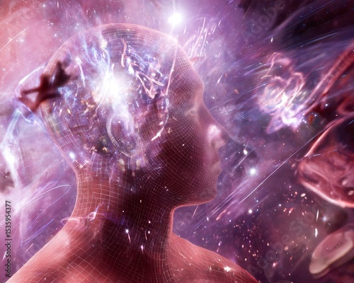 Abstract digital illustration of a head, immersed in cosmic energy.