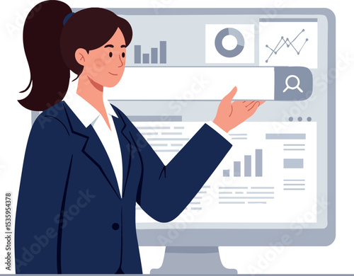 Businesswoman presenting data analytics on computer screen vector illustration 