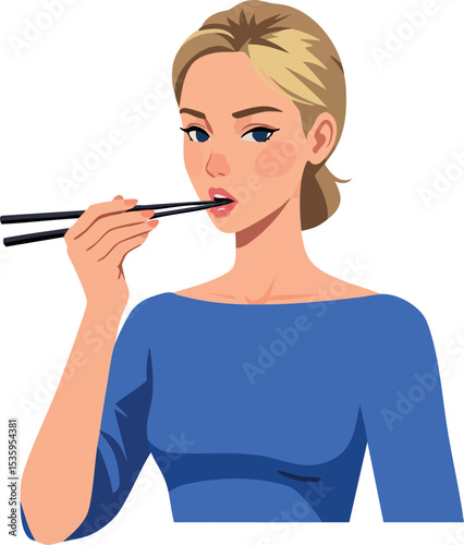 Woman Eating Food Using Chopsticks Illustration with Blonde Hair Blue Shirt 