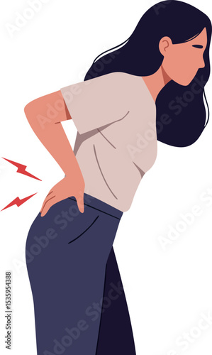 Woman Experiencing Lower Back Pain Illustration Showing Discomfort and Health Concern Vector 
