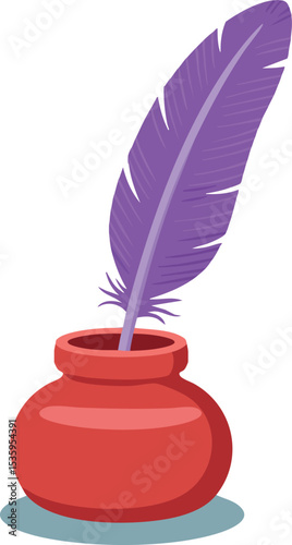 Purple feather quill pen in red ink pot vector illustration writing tool 