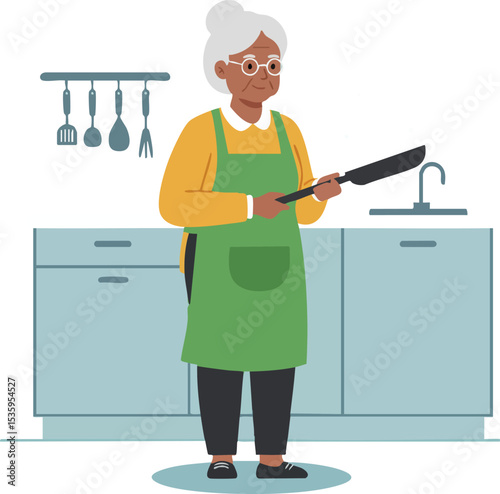 Elderly woman cooking indoors with kitchen knife and green apron in modern kitchen 