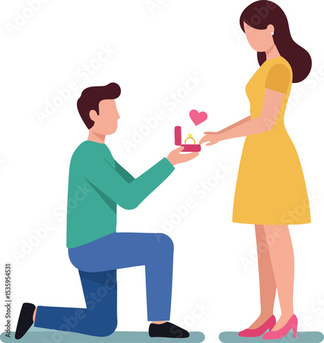 Man proposing marriage to woman with ring box in yellow dress romantic relationship vector 