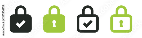 Set of lock icons with checkmarks tick symbol and keyhole in black and green . Secure, privacy, security and verification signs . for app interfaces password protection, login screens