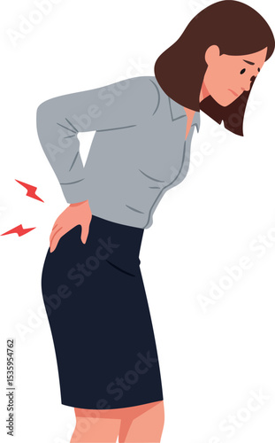 Woman experiencing back pain posture discomfort in office attire vector illustration 