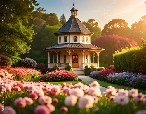 Picturesque garden gazebo at dawn