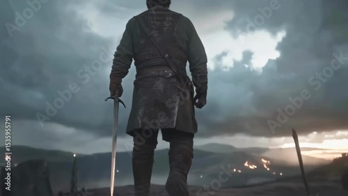 Medieval fantasy warrior walking away from recent battle at dramatic sunset, heavy sword in hand, cloudy sky casting dark shadows across battlefield landscape