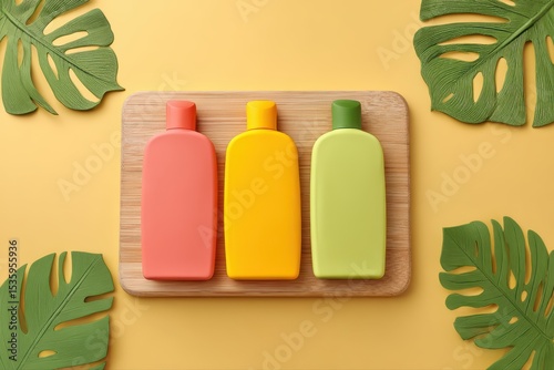 Eco-friendly sunscreen bottles showcased on a wooden surface. Nature-inspired design with vibrant colors.