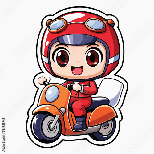 Cute cartoon character riding a scooter. A small, happy child in a red helmet and suit is riding an orange scooter