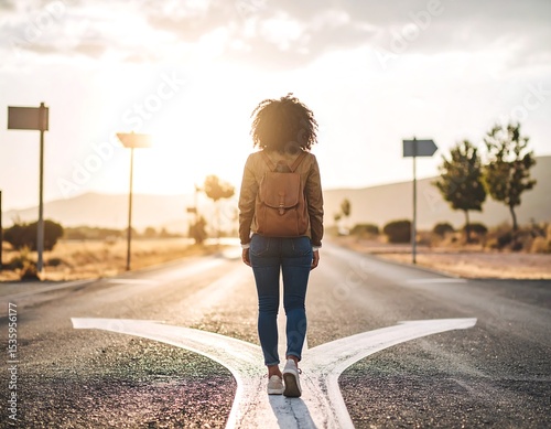 Woman at crossroads, golden hour (1)