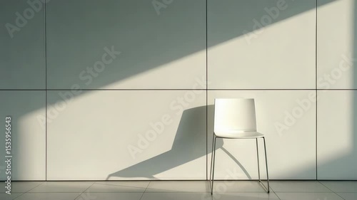 Minimalist white chair with shadow on tiled wall in bright soft light