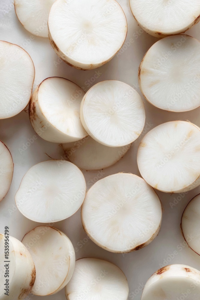 Sliced white turnip rounds arranged neatly on a clean white background Sliced white turnip rounds arranged neatly on a clean white background