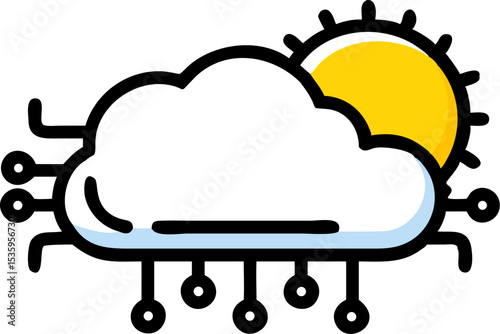 Black Line Art Cloud Computing Icon Yellow Sun vector