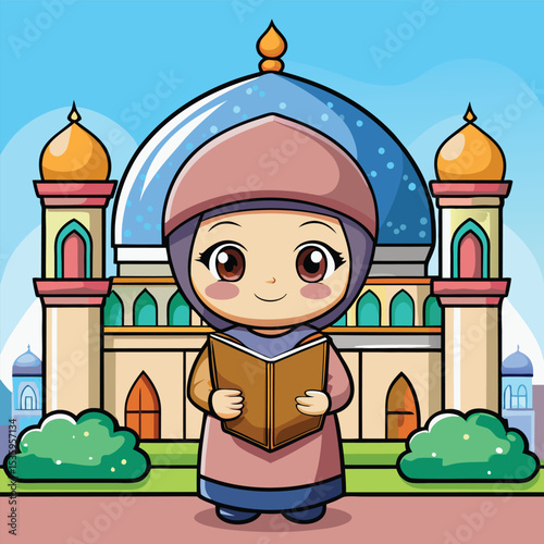 A young girl in hijab reads a book in front of a mosque