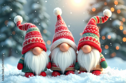 Three festive gnomes with long white beards and colorful knitted hats stand in snowy landscape