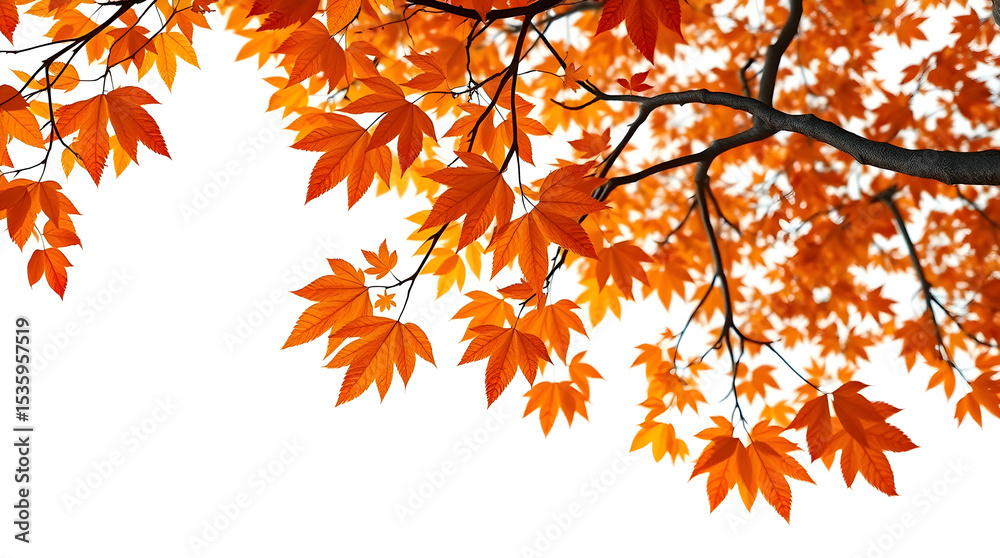 Vibrant autumn foliage featuring close-up of orange maple leaves with tree branches isolated on white background Vibrant autumn foliage featuring close-up of orange maple leaves with tree branches isolated on white background