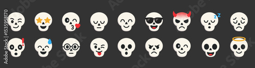 Set of cute skull emojis or emoticons with various facial expressions like happy, sad, angry, cool, wow, sunglasses, star, winking eyes emoji face. perfect for chat stickers