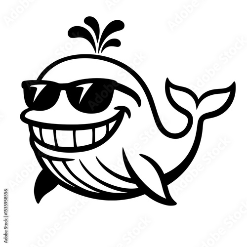A cheerful cartoon whale sports sunglasses, adding a touch of playful charm and aquatic whimsy. Its friendly smile and cool shades evoke a sense of fun and carefree enjoyment. 