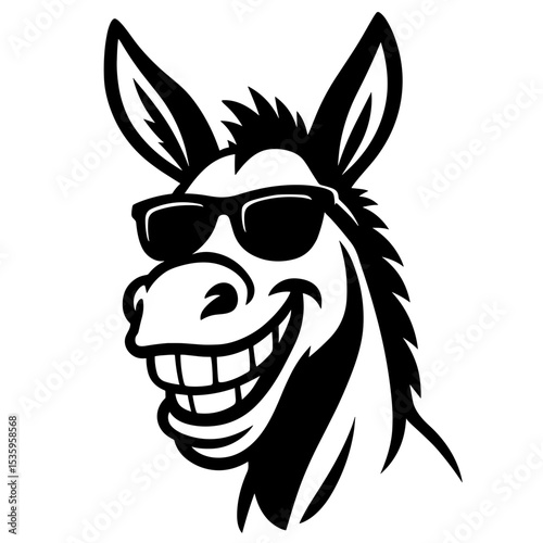 A cool smiling donkey wearing sunglasses, radiating an aura of carefree confidence. A unique illustration perfect for adding a touch of fun and personality.