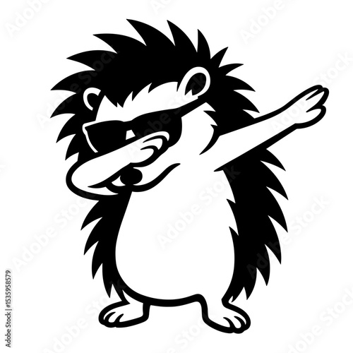 A hip hedgehog confidently strikes a dynamic pose, exuding cool with its stylish shades. The black and white illustration captures the essence of playful energy and confidence.