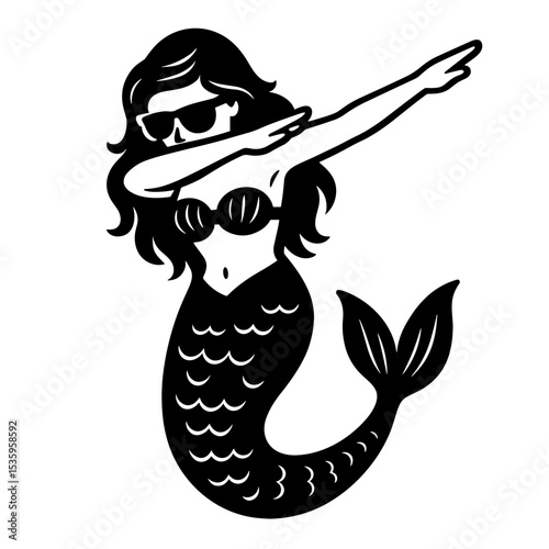 An illustrated mermaid confidently strikes a dab pose, exuding coolness and style. Showcasing its underwater grace and fashionable attitude. vector illustration