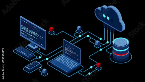 Cloud technology computing animation. Modern cloud technology. Data center isometric concept. Isometric cloud technology with datacenter. Web hosting concept. Transparent background with alpha channel