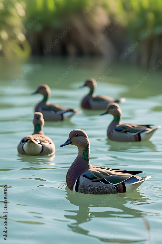 Obraz premium Group of colorful mandarin ducks swimming in calm water