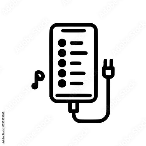 A black and white graphic of a portable music player with a charging cable and volume controls.