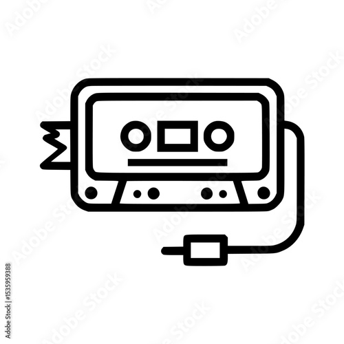 Black and white line art illustration of a cassette tape player with a cord and exposed tape.