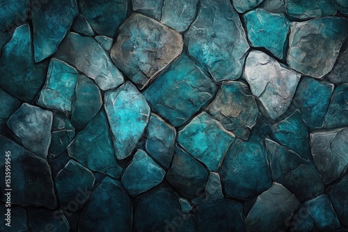 Close-up view of a teal and gray stone wall