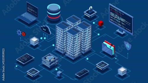 Isometric computer technology animation. Computation of big data center. Cloud computing. Online devices upload and download information. 4K video animated in isometric style