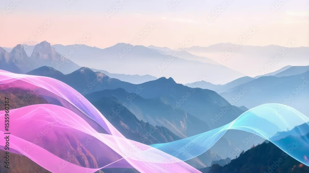 Layers of majestic blue mountains receding into a soft pastel sky with pink and blue light forms waving in the foreground