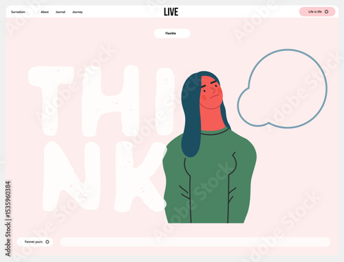 Thinking people, modern flat vector concept illustration- woman standing thoughtfully, looking upwards, bubble near head Metaphor for reflection, analysis, introspection, contemplation, deep thought