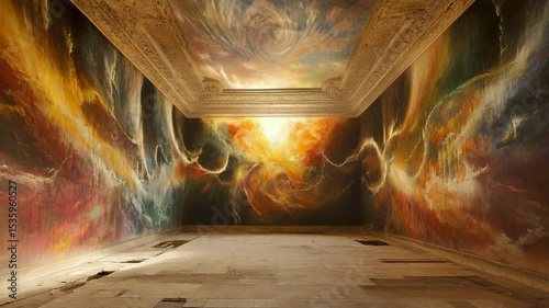 An empty room with a lot of paintings on the walls