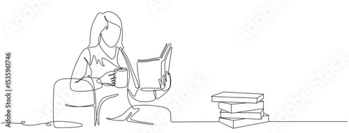 Continuous line drawing of business woman reading a book and drinking a cup of coffee. Single line art of worker lifestyle. Vector illustration