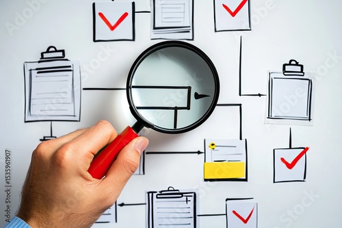 Hand holding magnifying glass over a complex flowchart with checkmarks and documents
