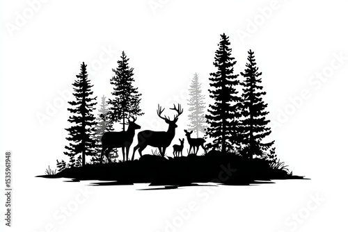 Majestic Deer Family Silhouette in Evergreen Forest Winter Woodland Wildlife Nature Scene Black White Graphic Design Illustration Peaceful Tranquil Serene  Elegant  Art Print doe  