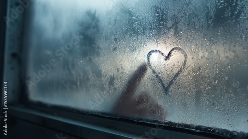 Finger drawing heart on fogged train window