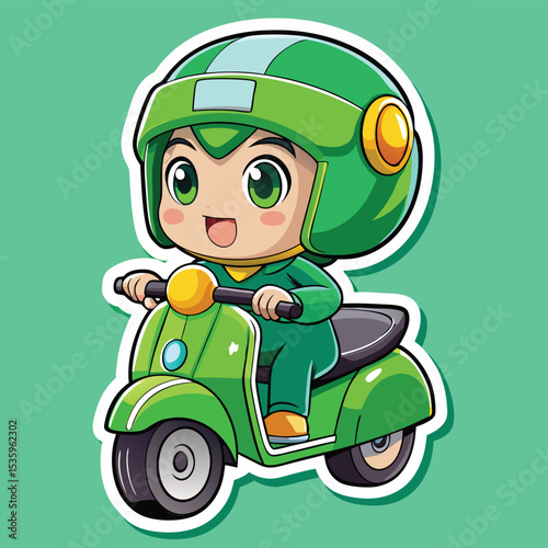 Cute cartoon character riding a green scooter