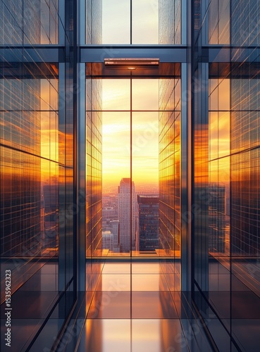 Modern elevator shaft, sunset view.  Glass walls reflect golden light, city skyline visible beyond open doors