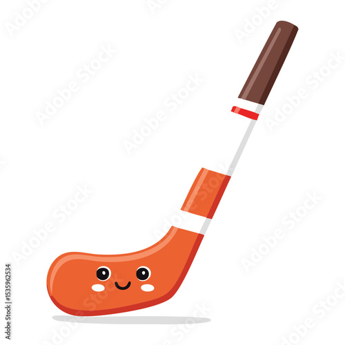 A charming hockey stick character with a happy expression. It has a red and white striped design with cute eyes and a friendly smile