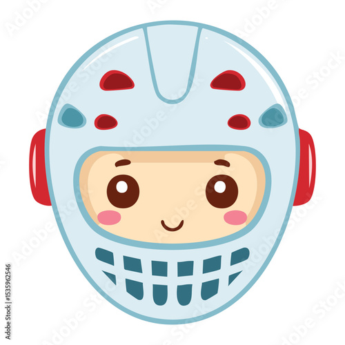 A cheerful illustration of a cartoon character wearing a hockey helmet. The character is depicted with a smiling face.